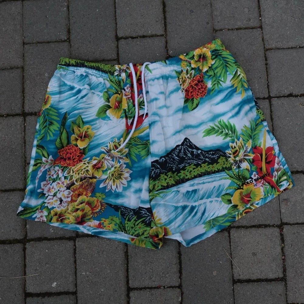 VTG Polo Sport Ralph Lauren Board Shorts Swim Mens Hawaiian All Over Print Sz XL